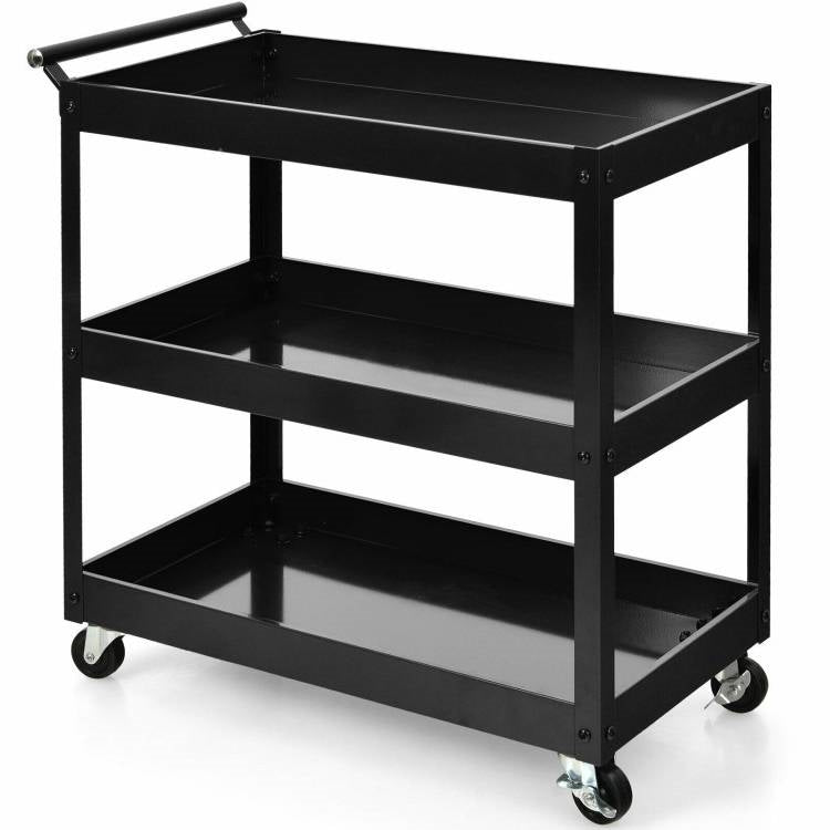 Black Steel Frame Kitchen Serving Utility Cart on Wheels with 2 Bottom Shelves-1