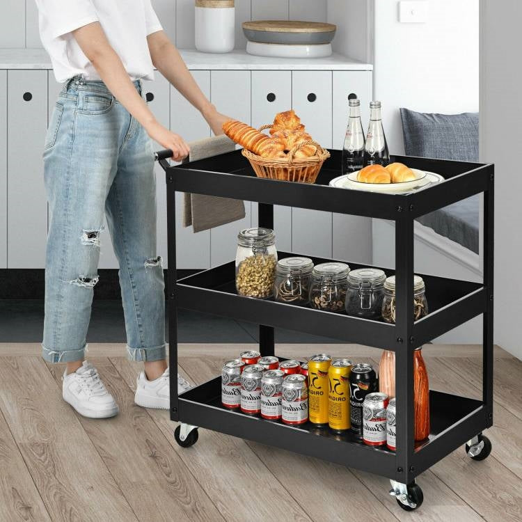 Black Steel Frame Kitchen Serving Utility Cart on Wheels with 2 Bottom Shelves-2