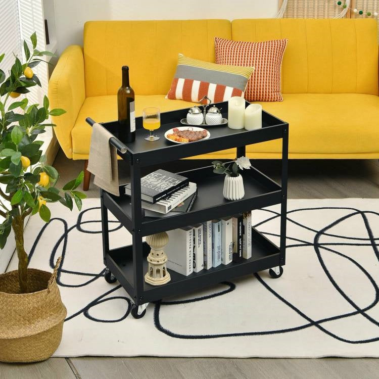 Black Steel Frame Kitchen Serving Utility Cart on Wheels with 2 Bottom Shelves-3