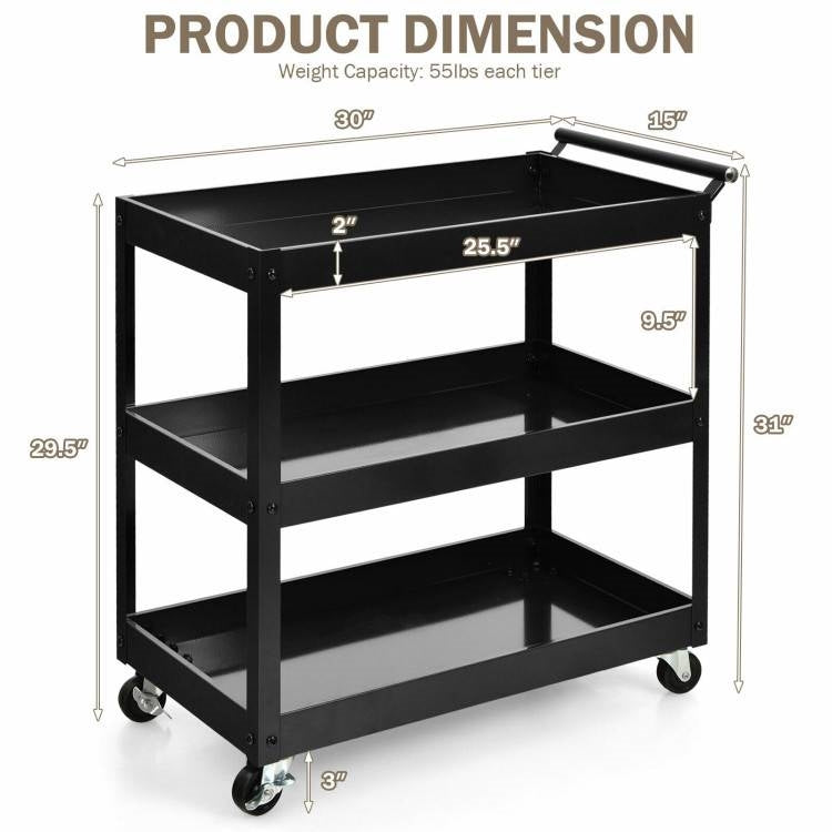 Black Steel Frame Kitchen Serving Utility Cart on Wheels with 2 Bottom Shelves-4