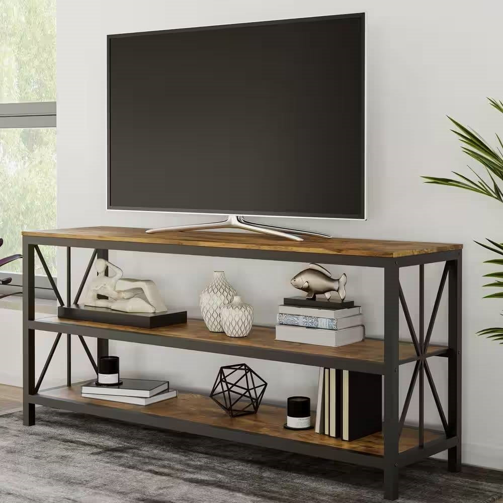 Modern Black Metal TV Stand with Barn Wood Finish Shelves - TV's up to 70-inch-0