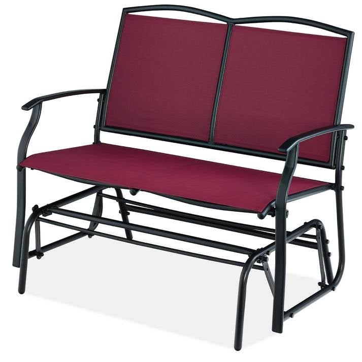 2 Seat Mesh Patio Loveseat Swing Glider Rocker with Armrests in Burgundy Red-0