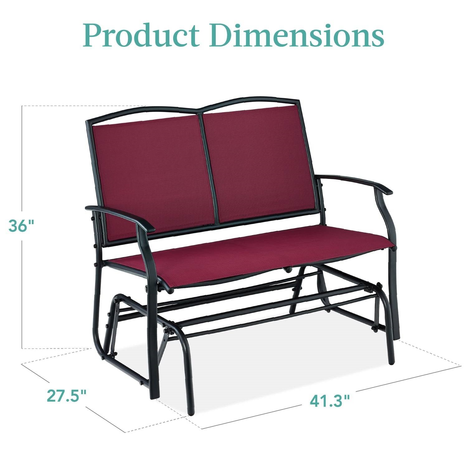 2 Seat Mesh Patio Loveseat Swing Glider Rocker with Armrests in Burgundy Red-2