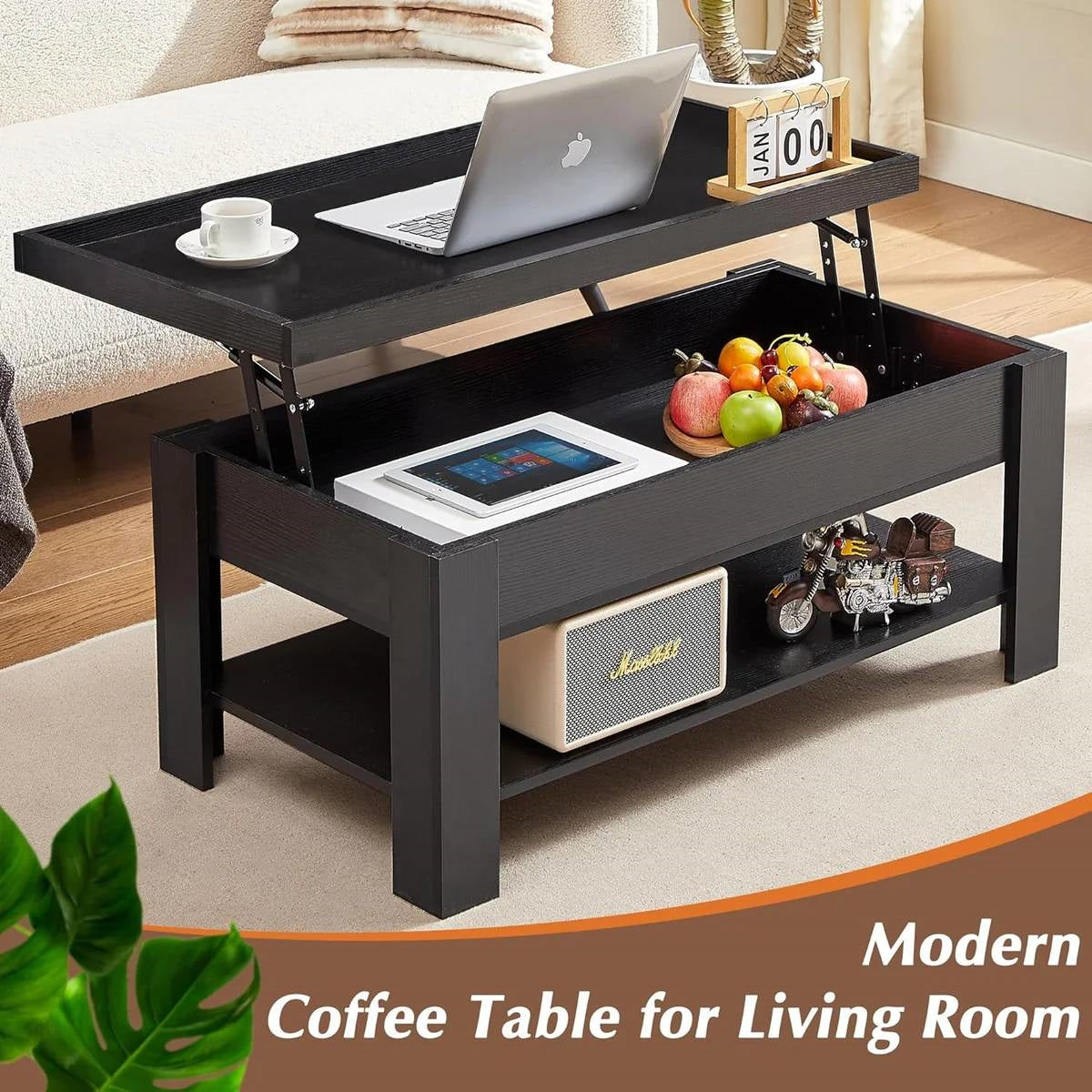 Modern Lift Top Coffee Table Laptop Tray with Storage Shelf in Black Wood Finish-1
