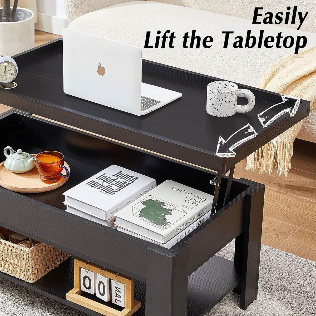 Modern Lift Top Coffee Table Laptop Tray with Storage Shelf in Black Wood Finish-2