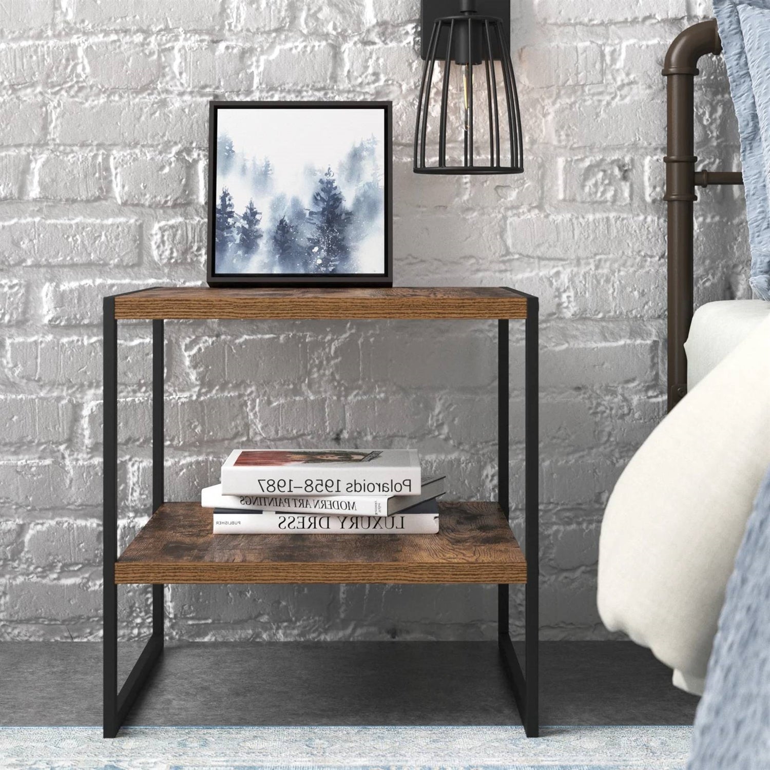 Industrial Modern Black Metal Brown Wood Top Nightstand End Table with Shelf-0