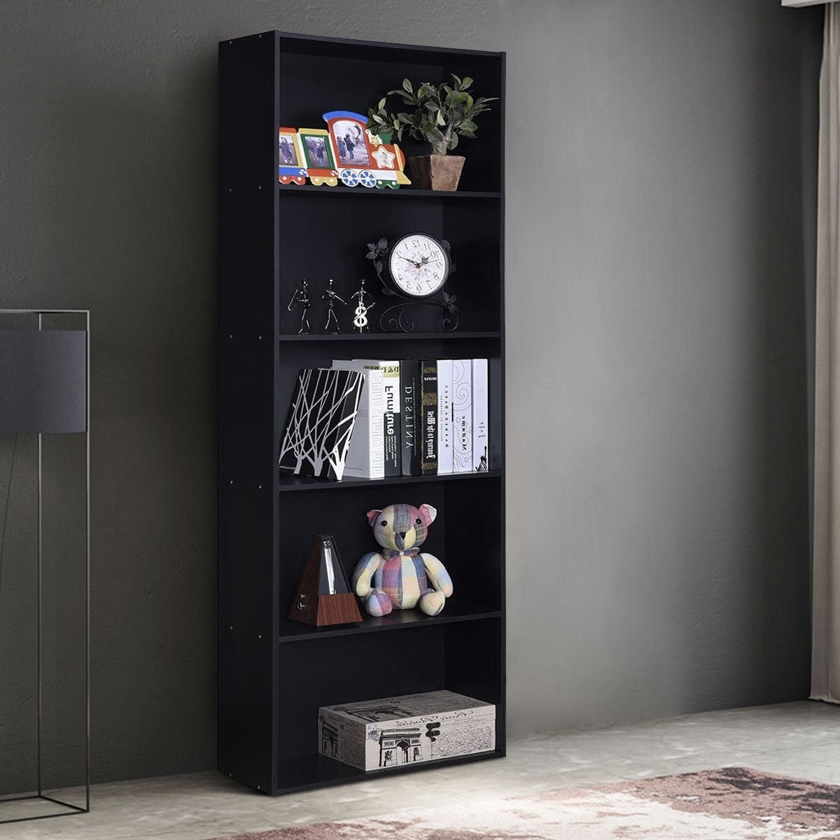 Modern 5-Shelf Bookcase Storage Shelves in Black Wood Finish-1