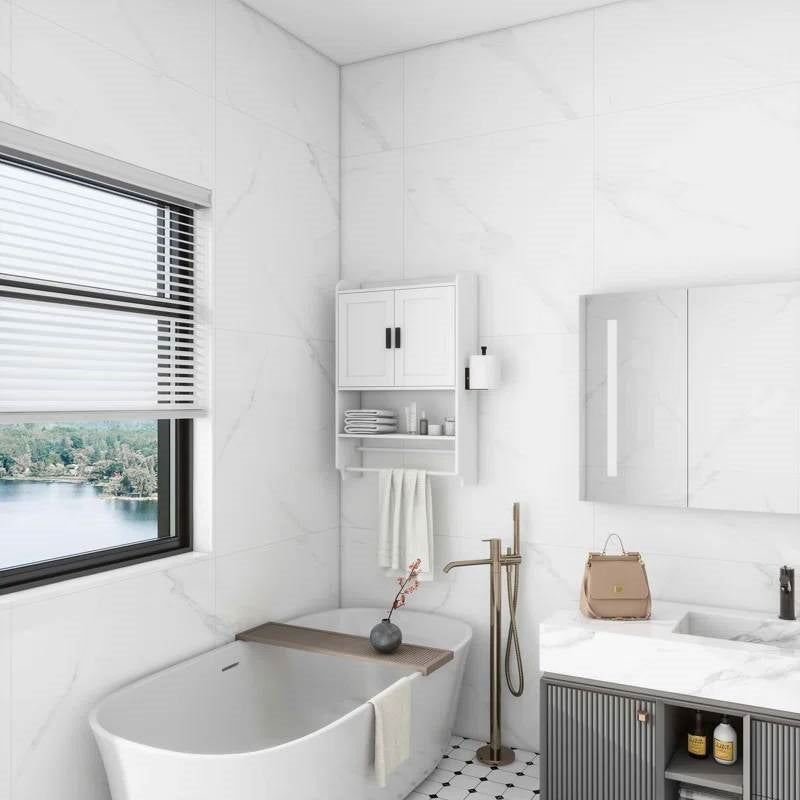 White Bathroom Wall Cabinet with Towel Bar and Storage Shelf-2