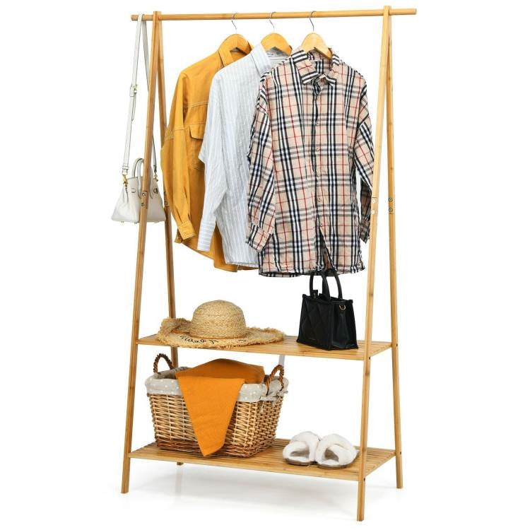 Entryway Bedroom Wood Garment Clothes Hanging Rack with 2 Bottom Storage Shelves-0