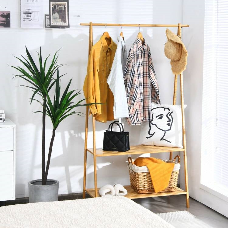 Entryway Bedroom Wood Garment Clothes Hanging Rack with 2 Bottom Storage Shelves-1