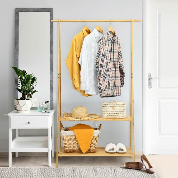 Entryway Bedroom Wood Garment Clothes Hanging Rack with 2 Bottom Storage Shelves-3