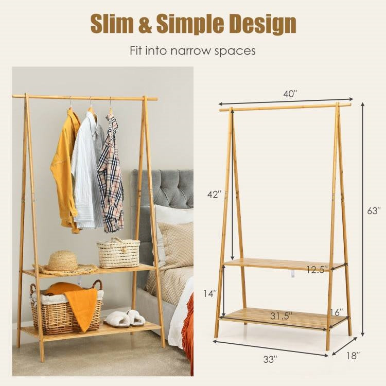 Entryway Bedroom Wood Garment Clothes Hanging Rack with 2 Bottom Storage Shelves-4