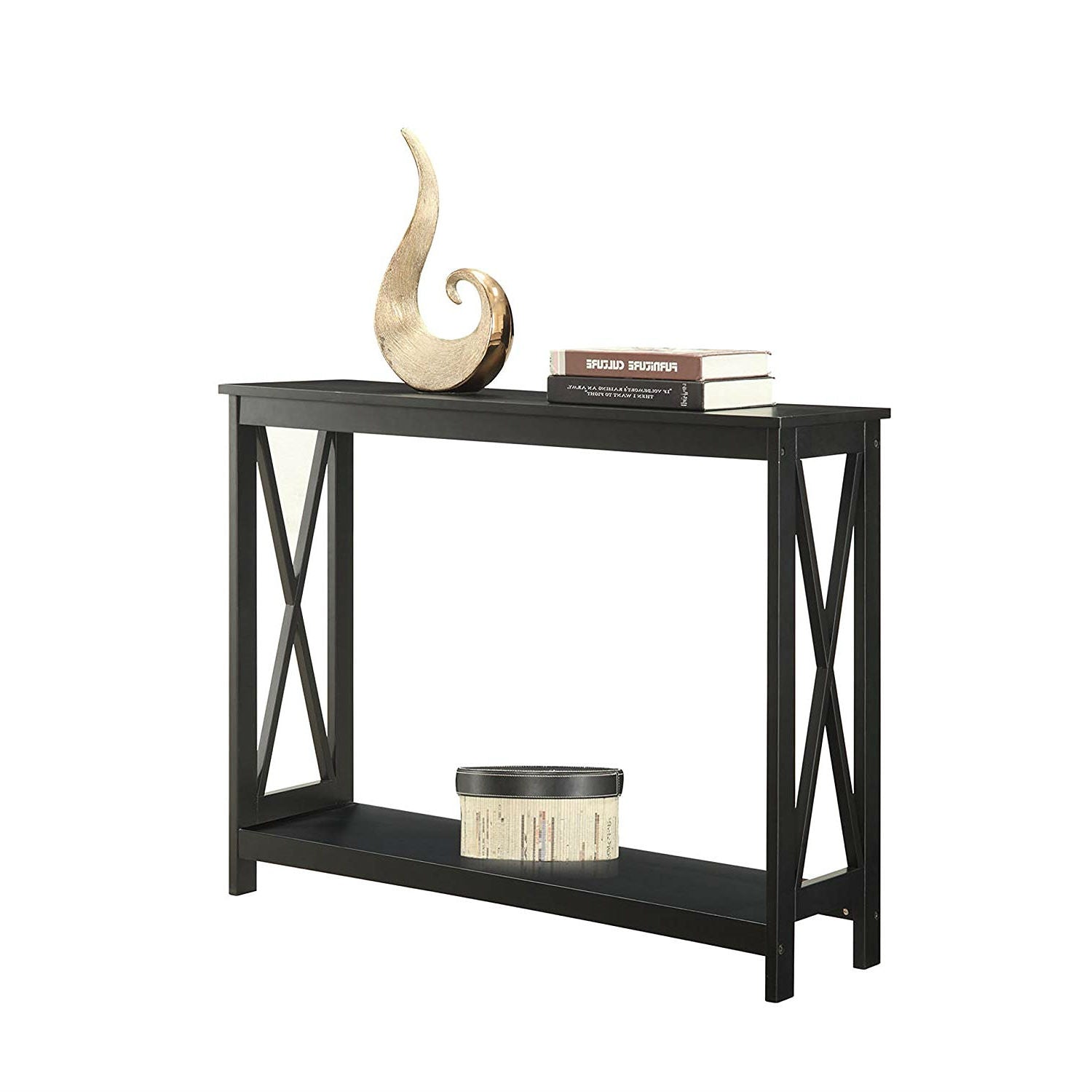 Black Wood Console Sofa Table with Bottom Storage Shelf-0