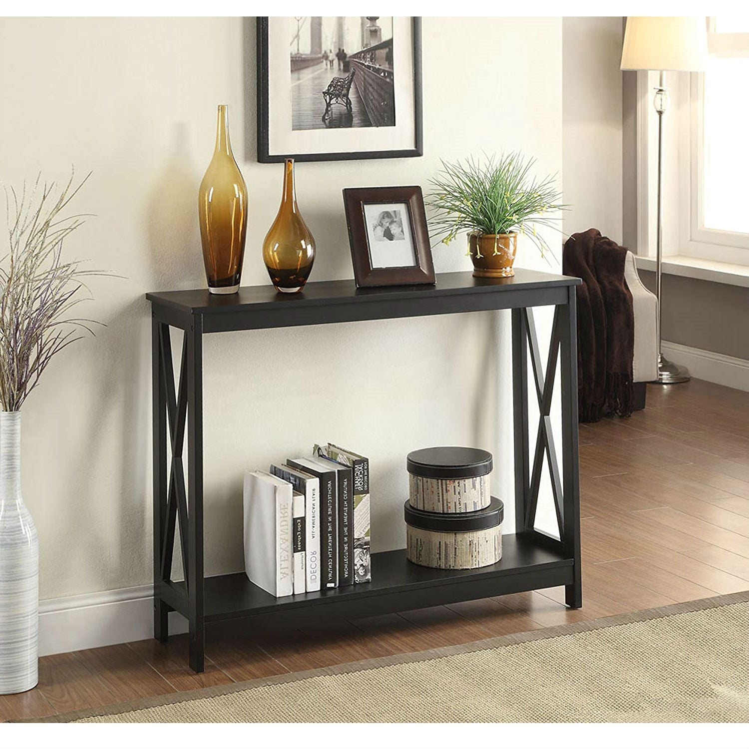 Black Wood Console Sofa Table with Bottom Storage Shelf-2