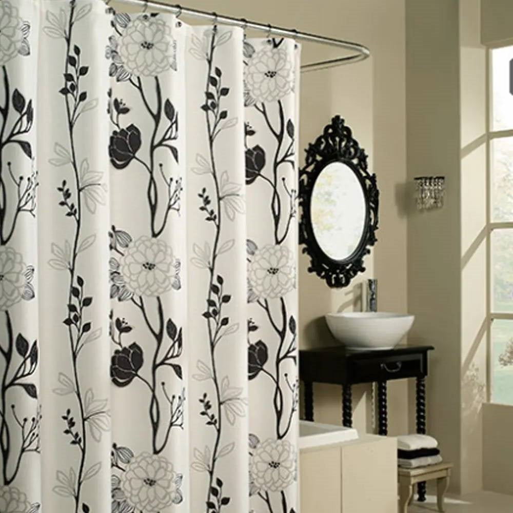 71-inch Boho Black and White Floral Flowers Polyester Fabric Shower Curtain-0