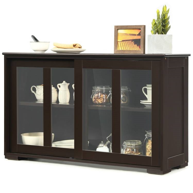 Brown Wood Buffet Kitchen Dining Sideboard Storage Cabinet w/ Glass Sliding Door-0