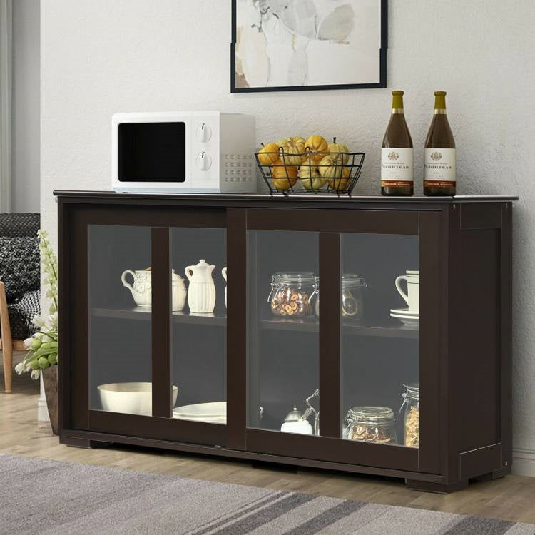 Brown Wood Buffet Kitchen Dining Sideboard Storage Cabinet w/ Glass Sliding Door-2