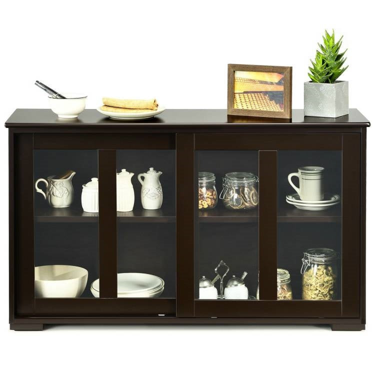 Brown Wood Buffet Kitchen Dining Sideboard Storage Cabinet w/ Glass Sliding Door-3