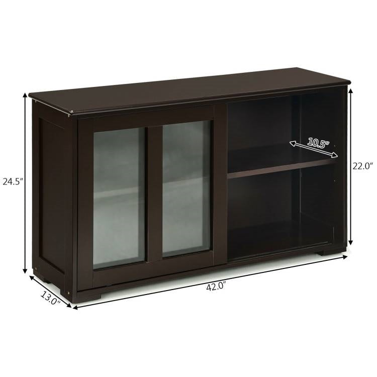 Brown Wood Buffet Kitchen Dining Sideboard Storage Cabinet w/ Glass Sliding Door-4