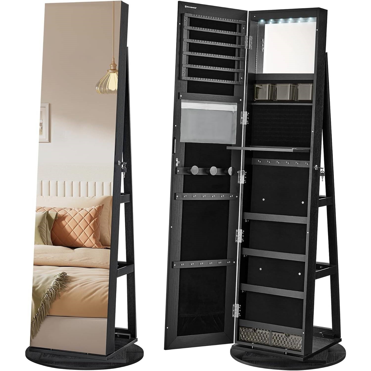 Black Wood Jewelry Cabinet Armoire Organizer Freestanding Rotating Mirror-0