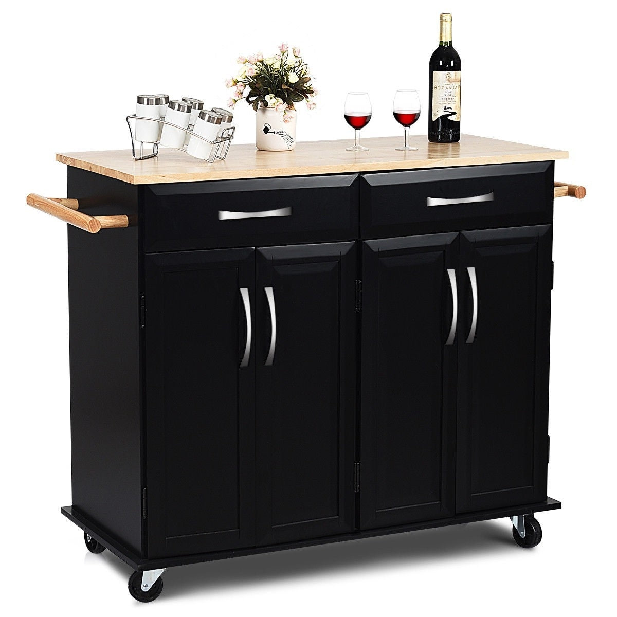 Black Kitchen Island Storage Cabinet Cart with Wood Top and Wheels-0