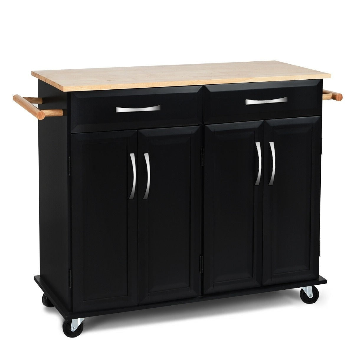 Black Kitchen Island Storage Cabinet Cart with Wood Top and Wheels-2