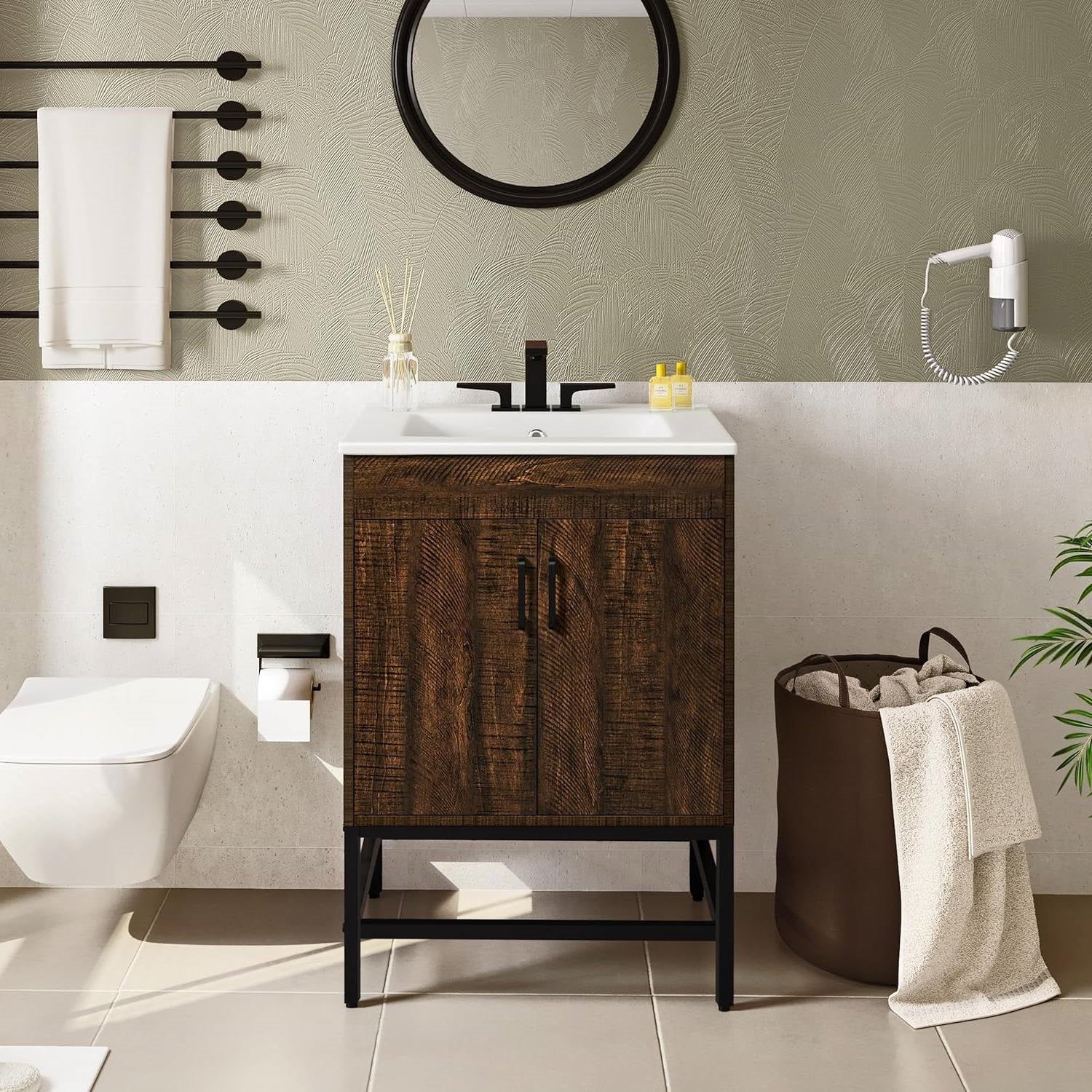 Modern Dark Brown Wood Bathroom Vanity with White Ceramic Sink-0