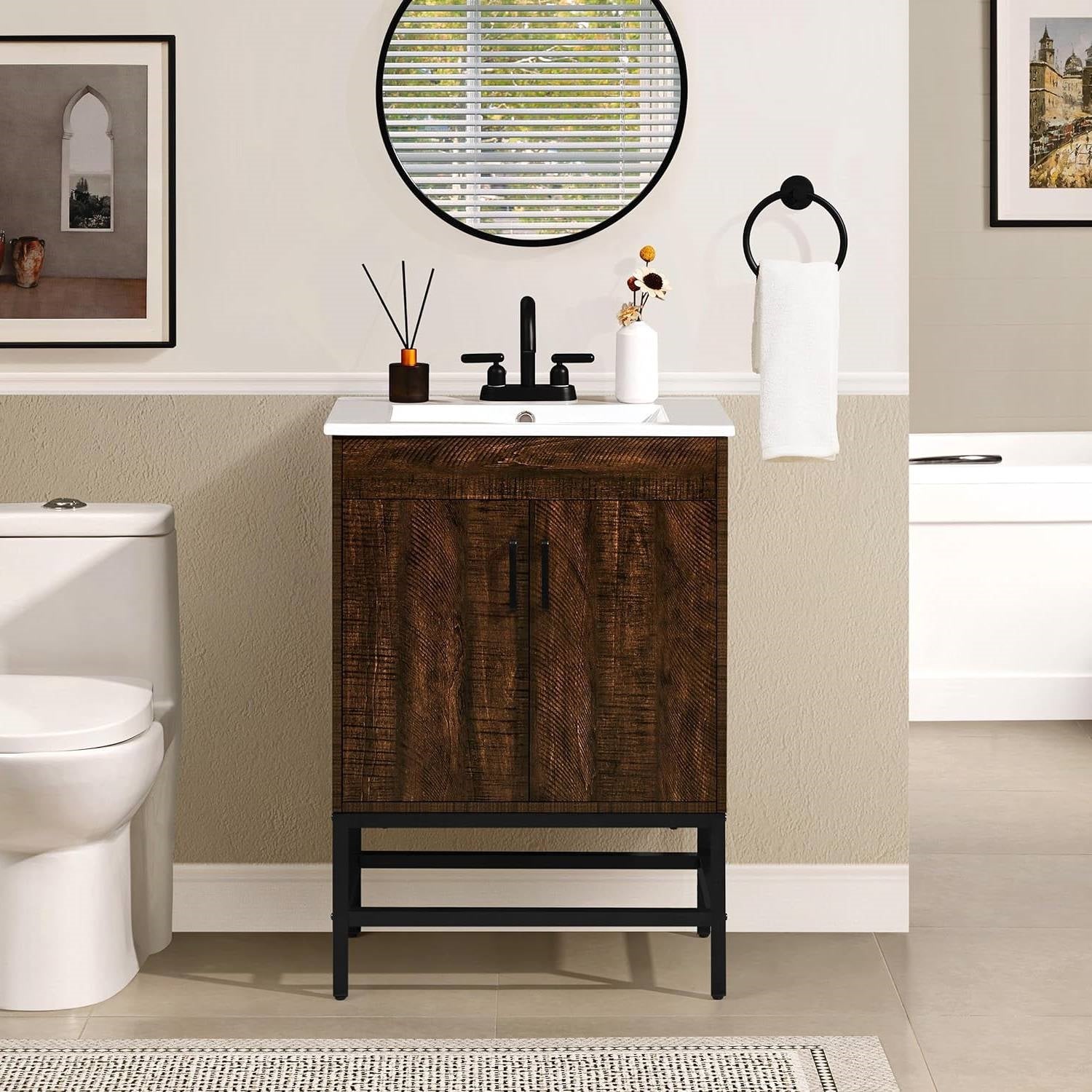 Modern Dark Brown Wood Bathroom Vanity with White Ceramic Sink-1