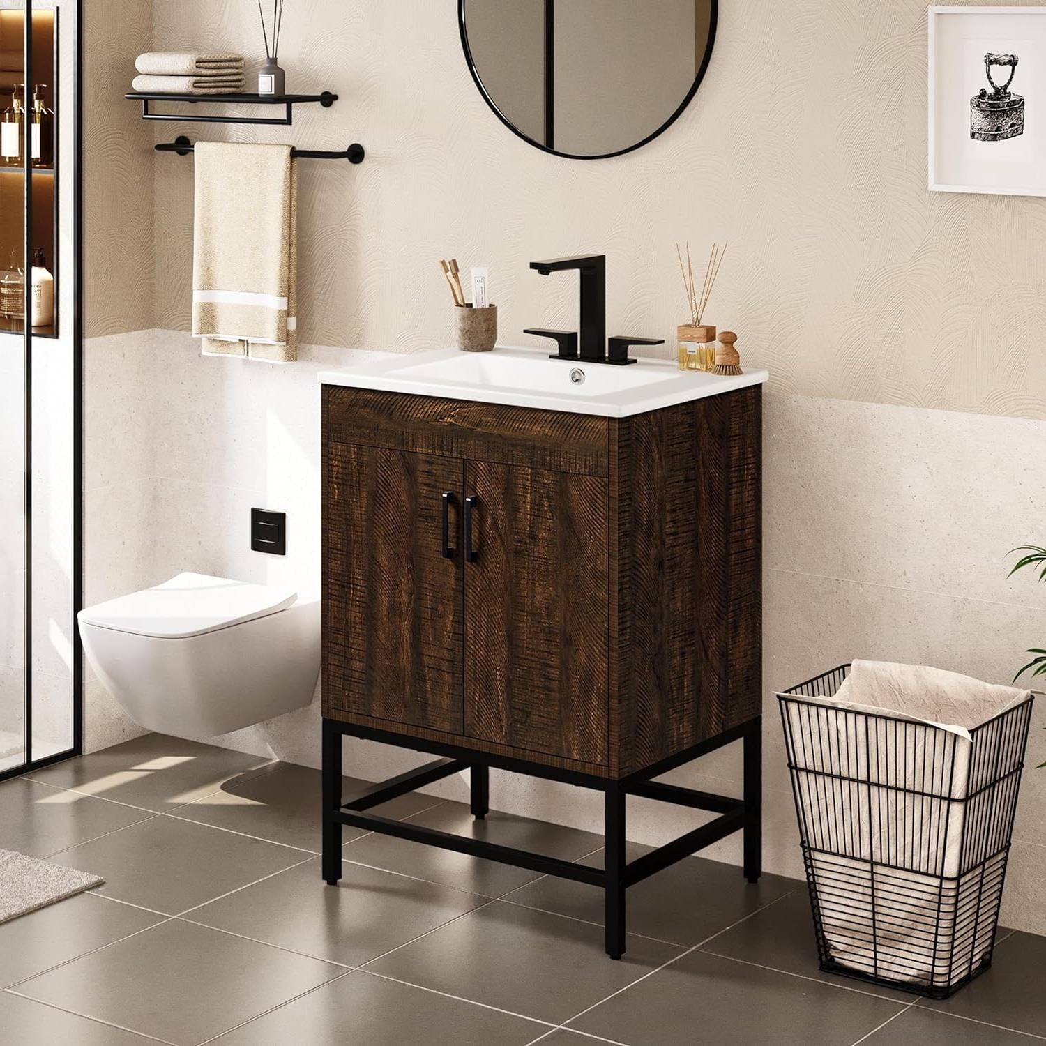 Modern Dark Brown Wood Bathroom Vanity with White Ceramic Sink-2