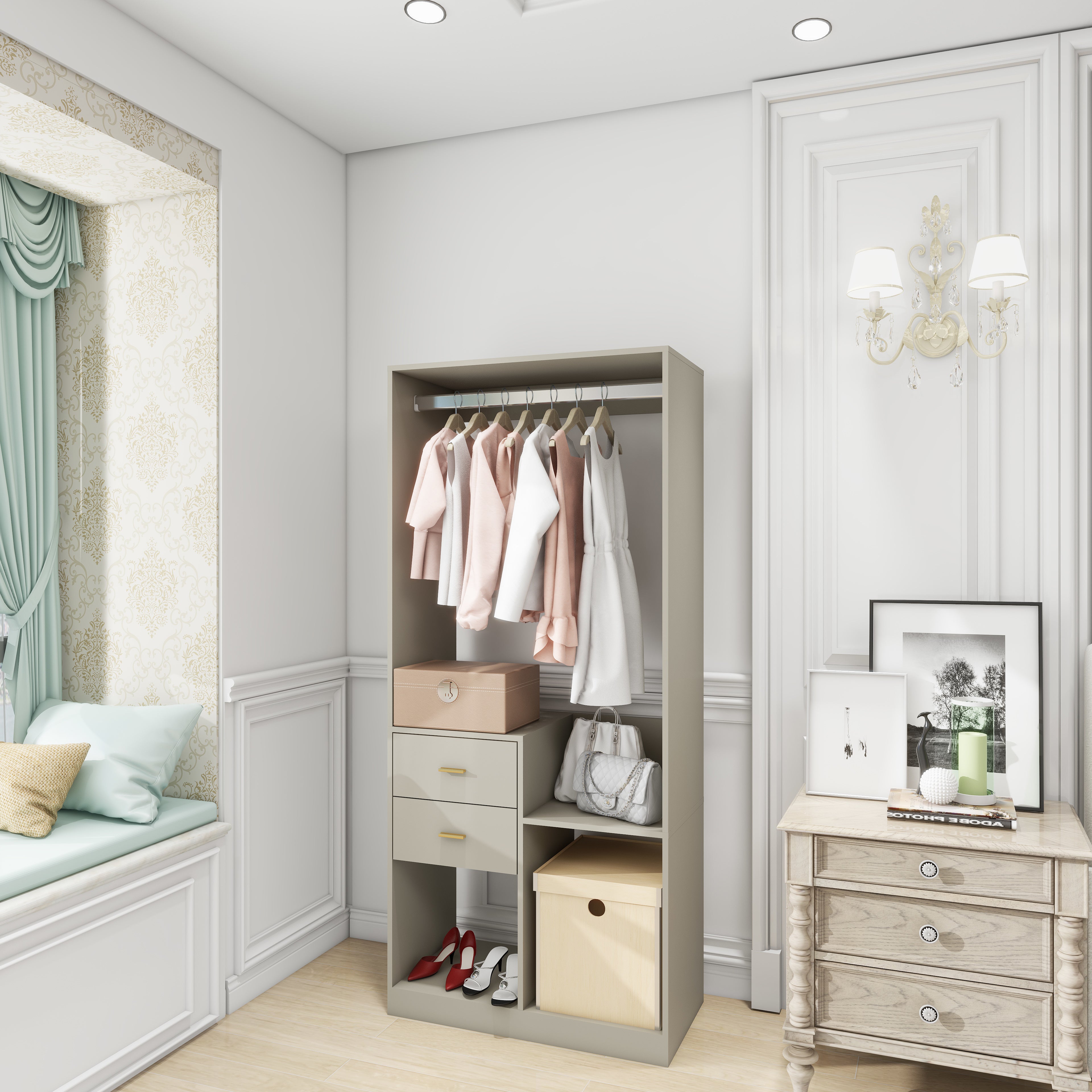 Grey Closet Organizer System – Walk-In Closet with Hanging Racks, Drawers & Shelves