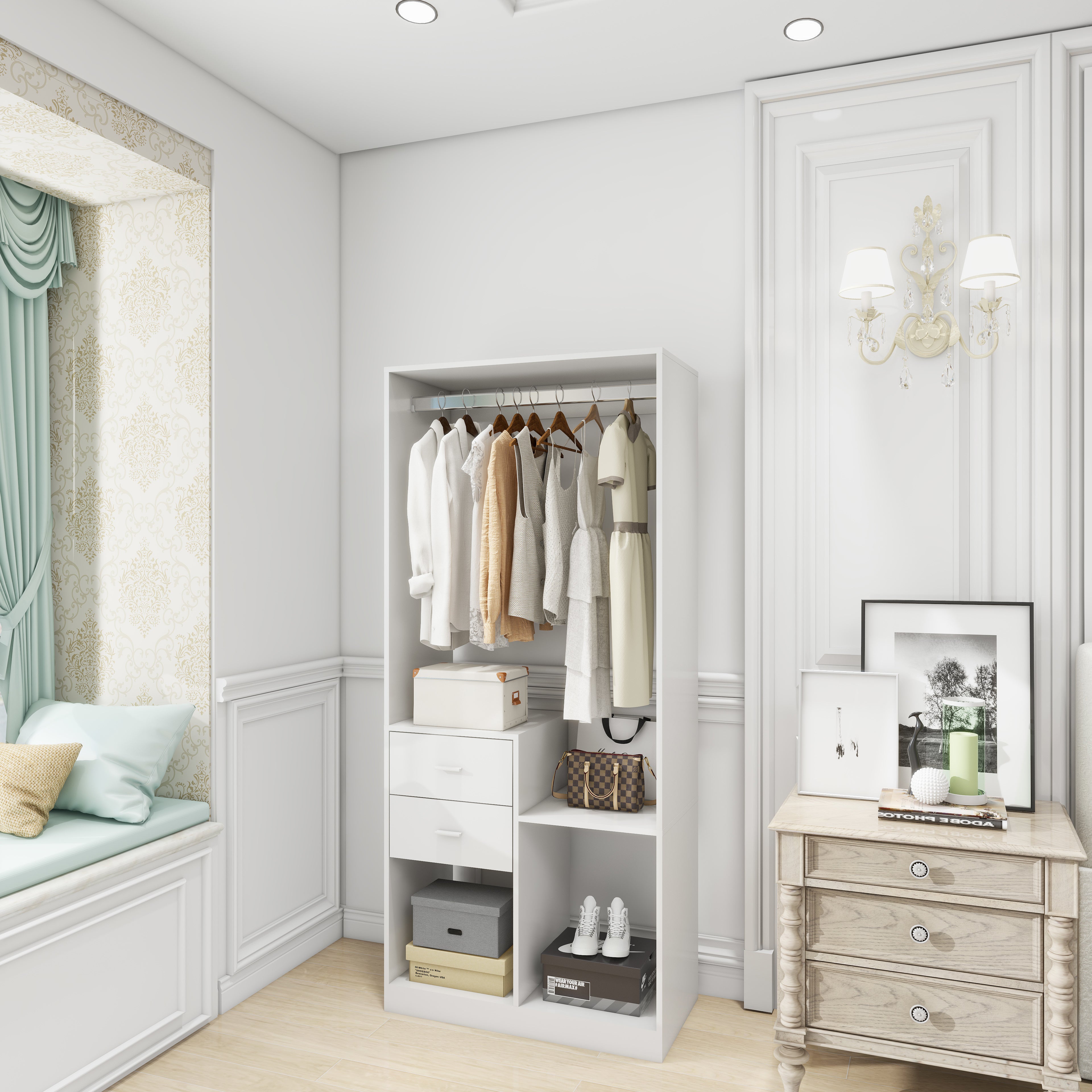 White Closet Organizer System – Walk-In Closet with Hanging Racks, Drawers & Shelves