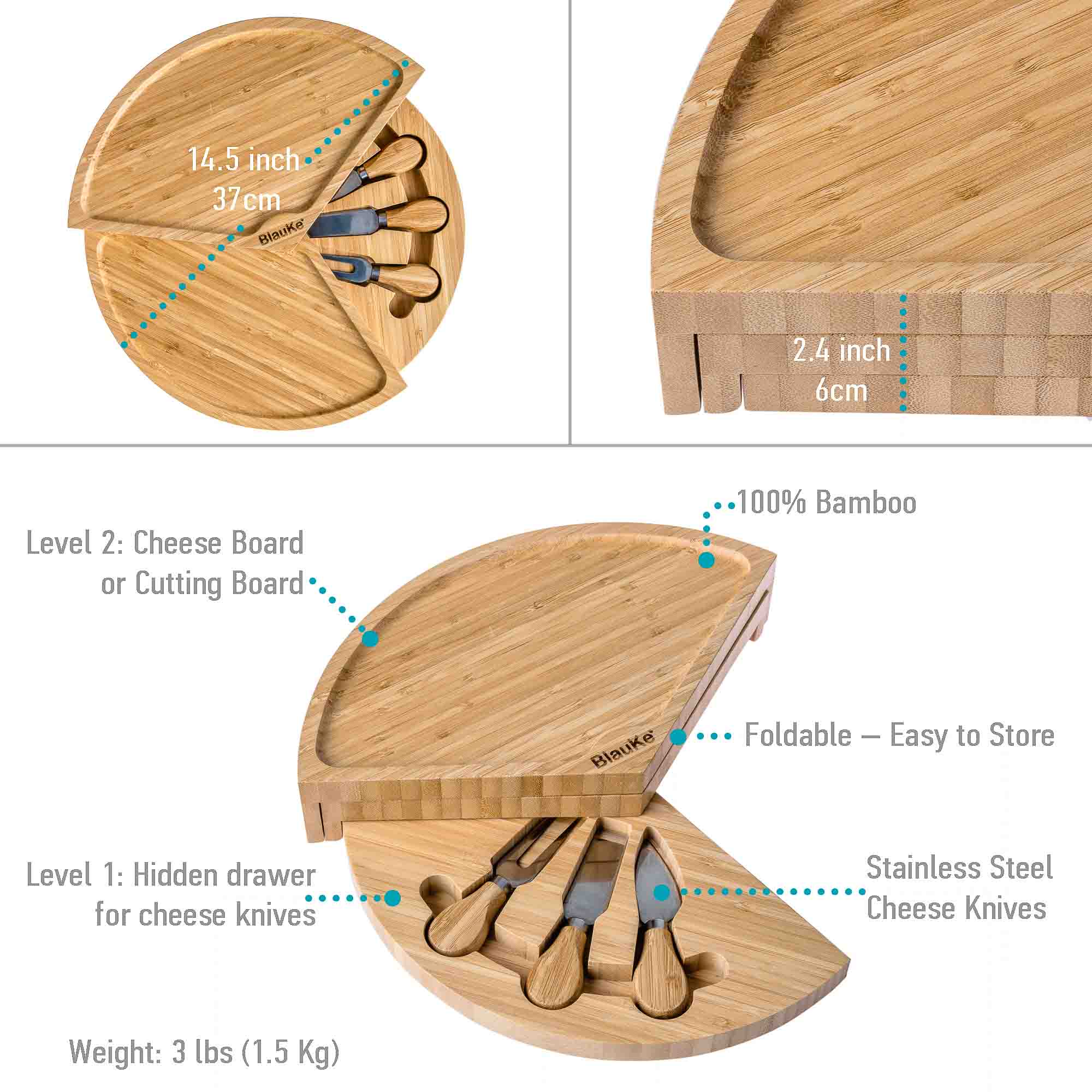 Bamboo Cheese Board and Knife Set - 14 Inch Swiveling Charcuterie Board with Slide-Out Drawer - Cheese Serving Platter, Round Serving Tray-2