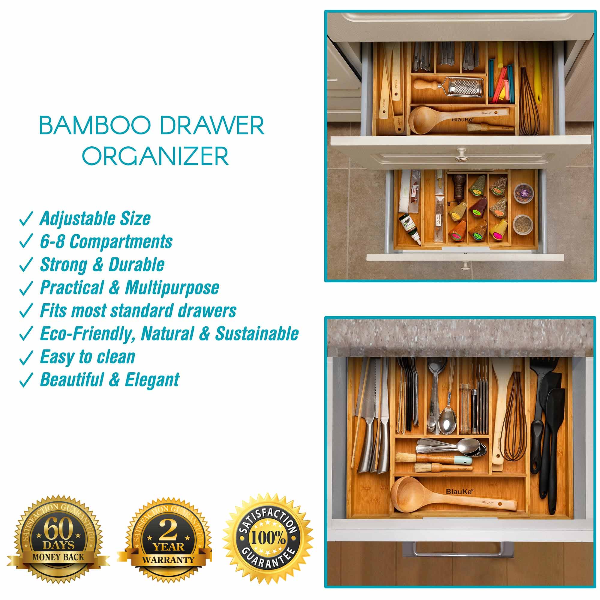 Expandable Bamboo Drawer Organizer with 6-8 Compartments-1