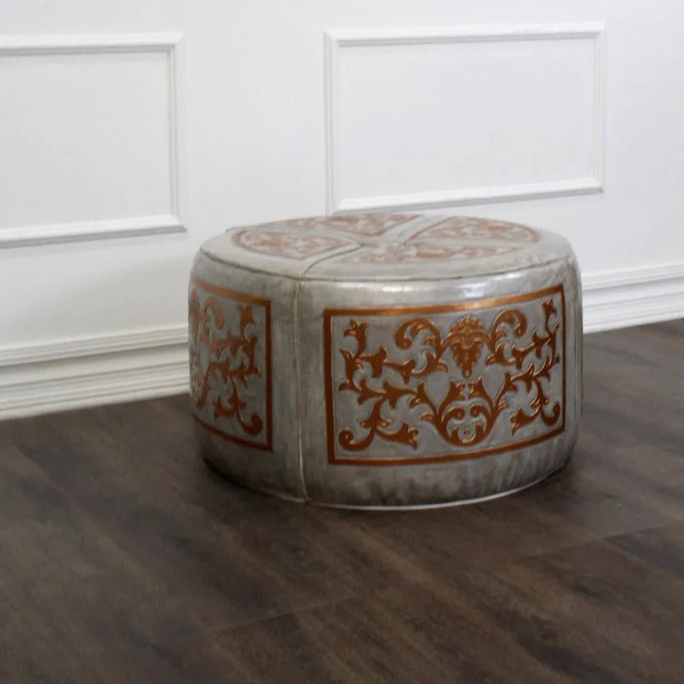 Barroque Handcrafted Leather Round Ottoman