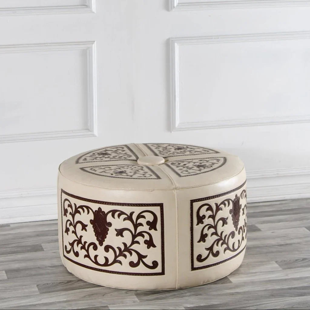 Barroque Handcrafted Leather Round Ottoman