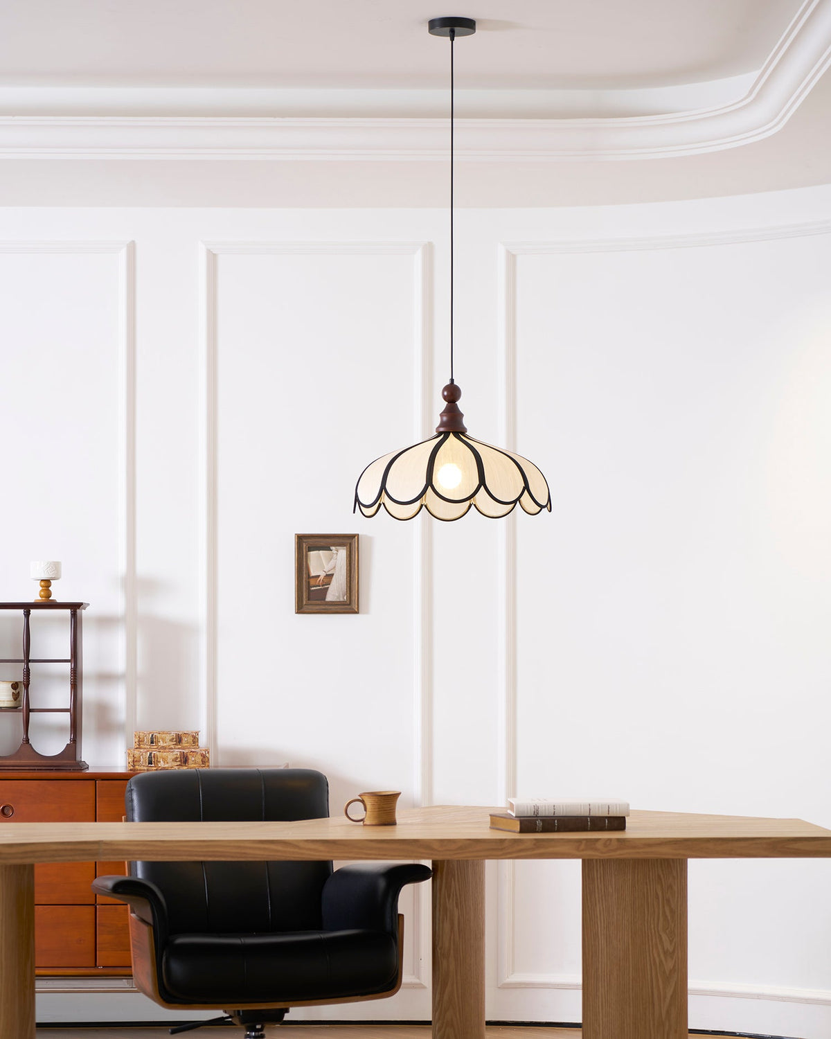 Petalux | Scalloped Pendant Light with Abaca Shade | Walnut Wood Fixture for Dining Room