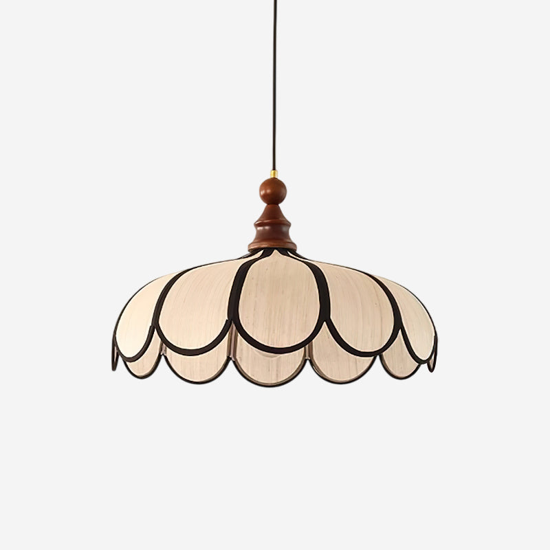 Petalux | Scalloped Pendant Light with Abaca Shade | Walnut Wood Fixture for Dining Room