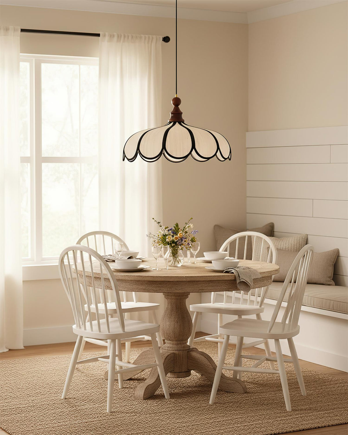 Petalux | Scalloped Pendant Light with Abaca Shade | Walnut Wood Fixture for Dining Room