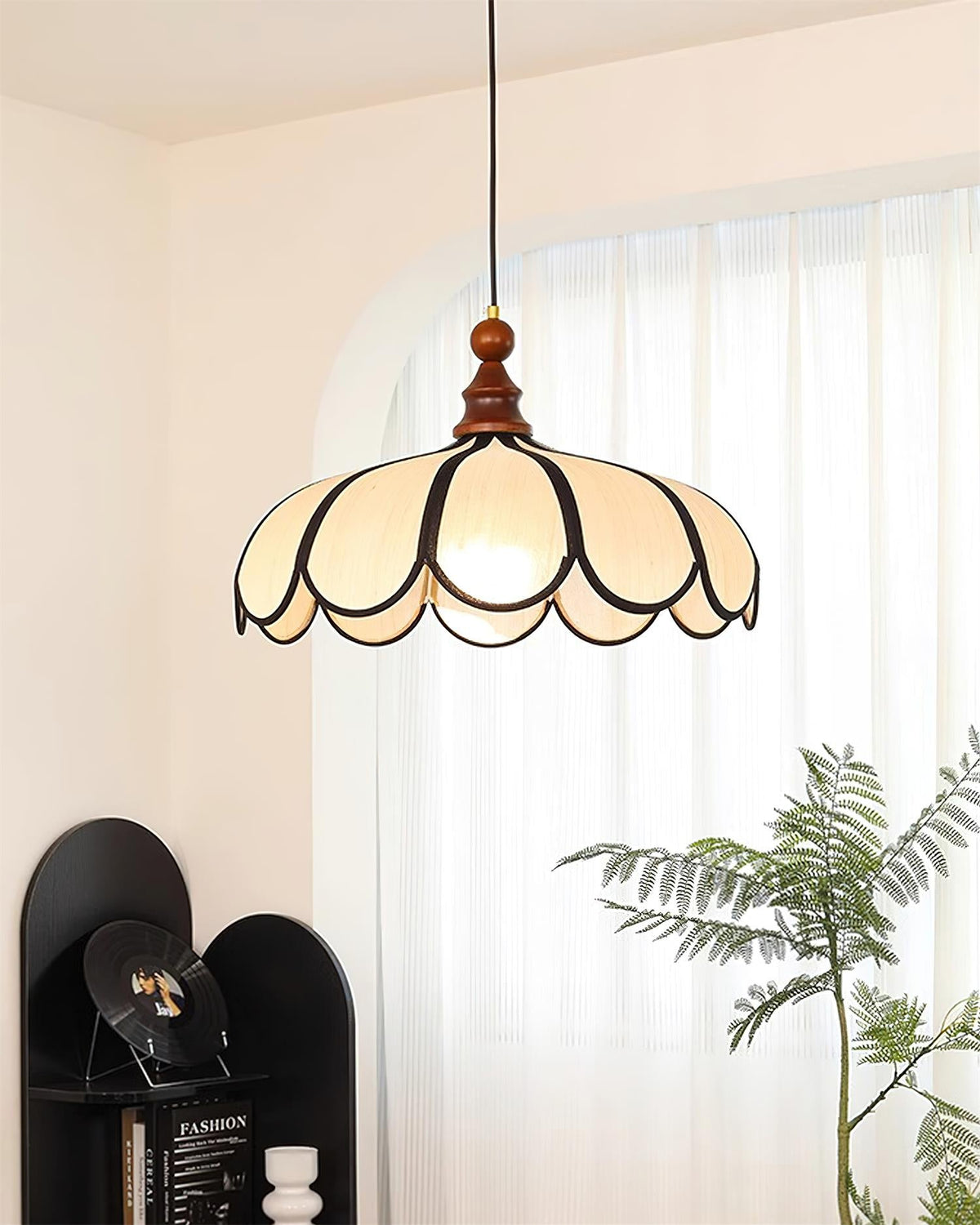 Petalux | Scalloped Pendant Light with Abaca Shade | Walnut Wood Fixture for Dining Room