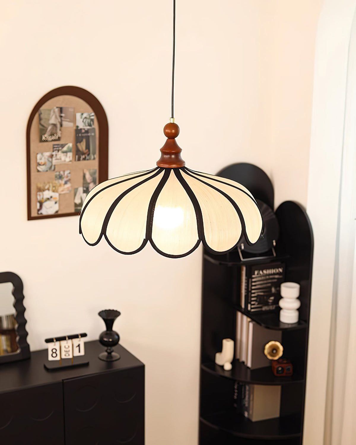 Petalux | Scalloped Pendant Light with Abaca Shade | Walnut Wood Fixture for Dining Room