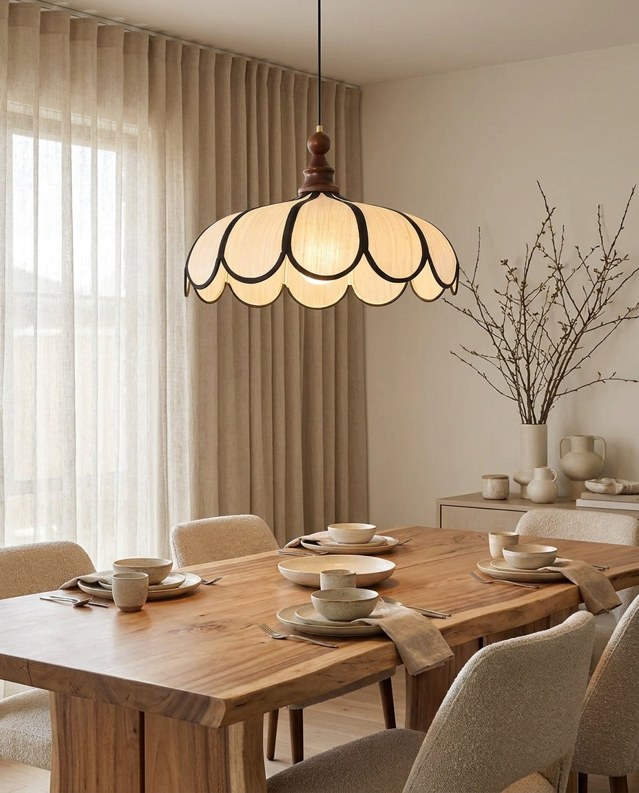 Petalux | Scalloped Pendant Light with Abaca Shade | Walnut Wood Fixture for Dining Room