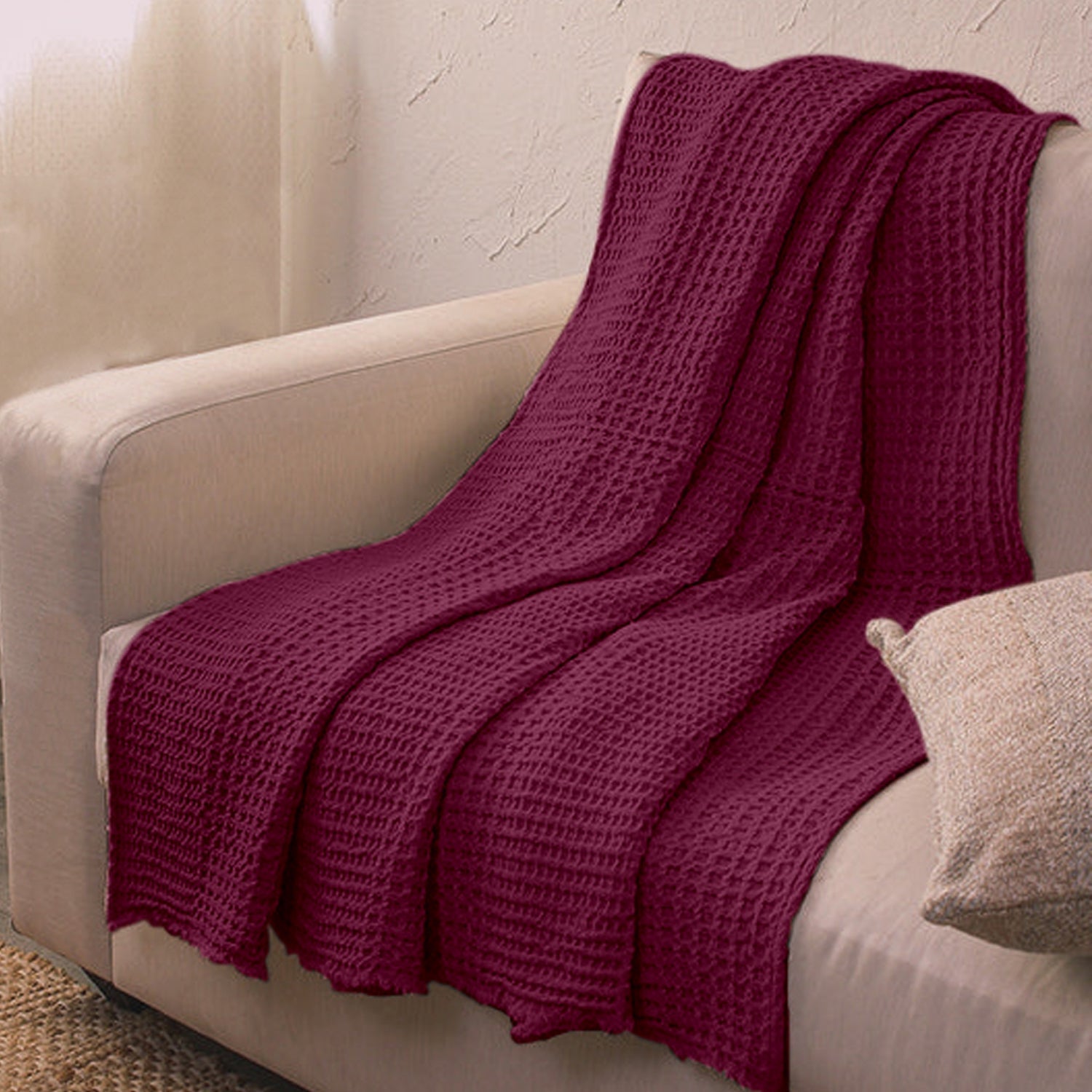 Berry - Waffle Weave Throw Blanket | Super Soft | Pre-Washed | Pure Linen, Linen Cotton Mix or Pure Cotton Fabric-0