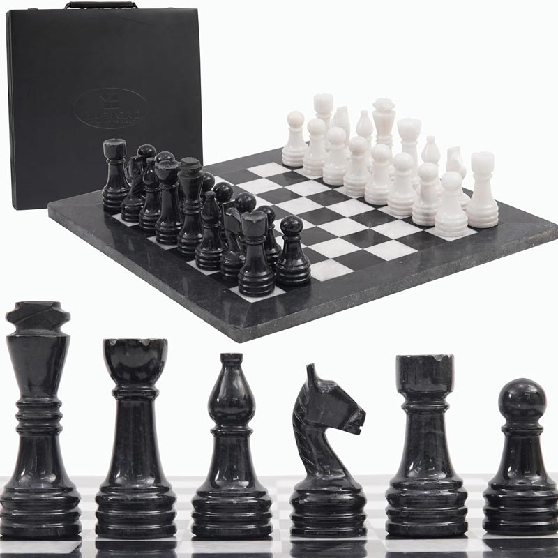 Black and White 15 Inches Premium Quality Marble Chess Set (With Storage Box)-1