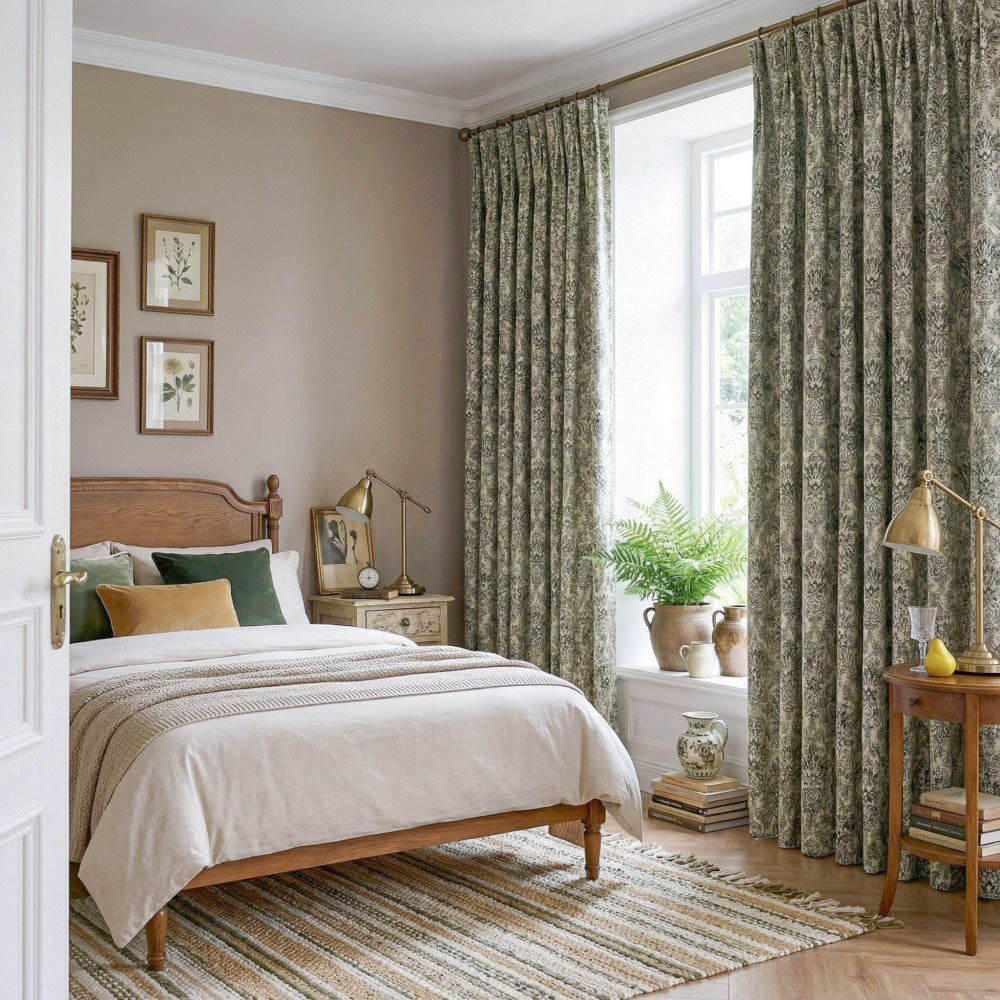 Bonnie Soft Green Velvet Damask Floral Curtains