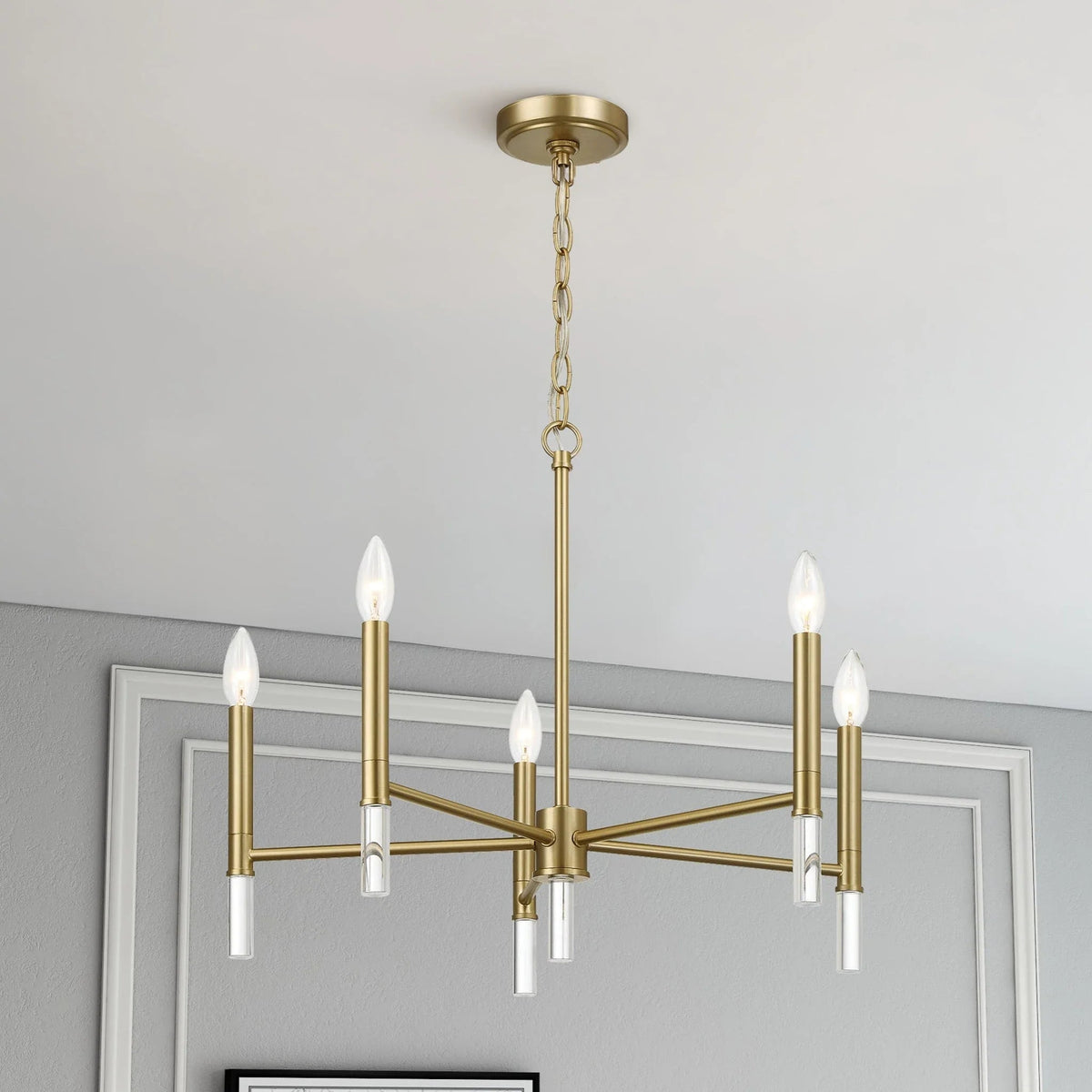 5-Light Golden Brass Candle Chandelier | 24"W Elegant Ceiling Fixture with Clear Glass Accents — Dining Room, Living Room & Entryway