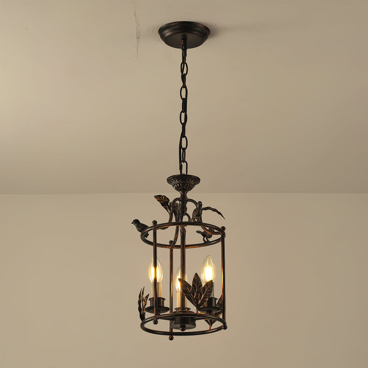 Aviary Series | Iron Lantern Pendant Light with Bird & Leaf Detail for Dining Room