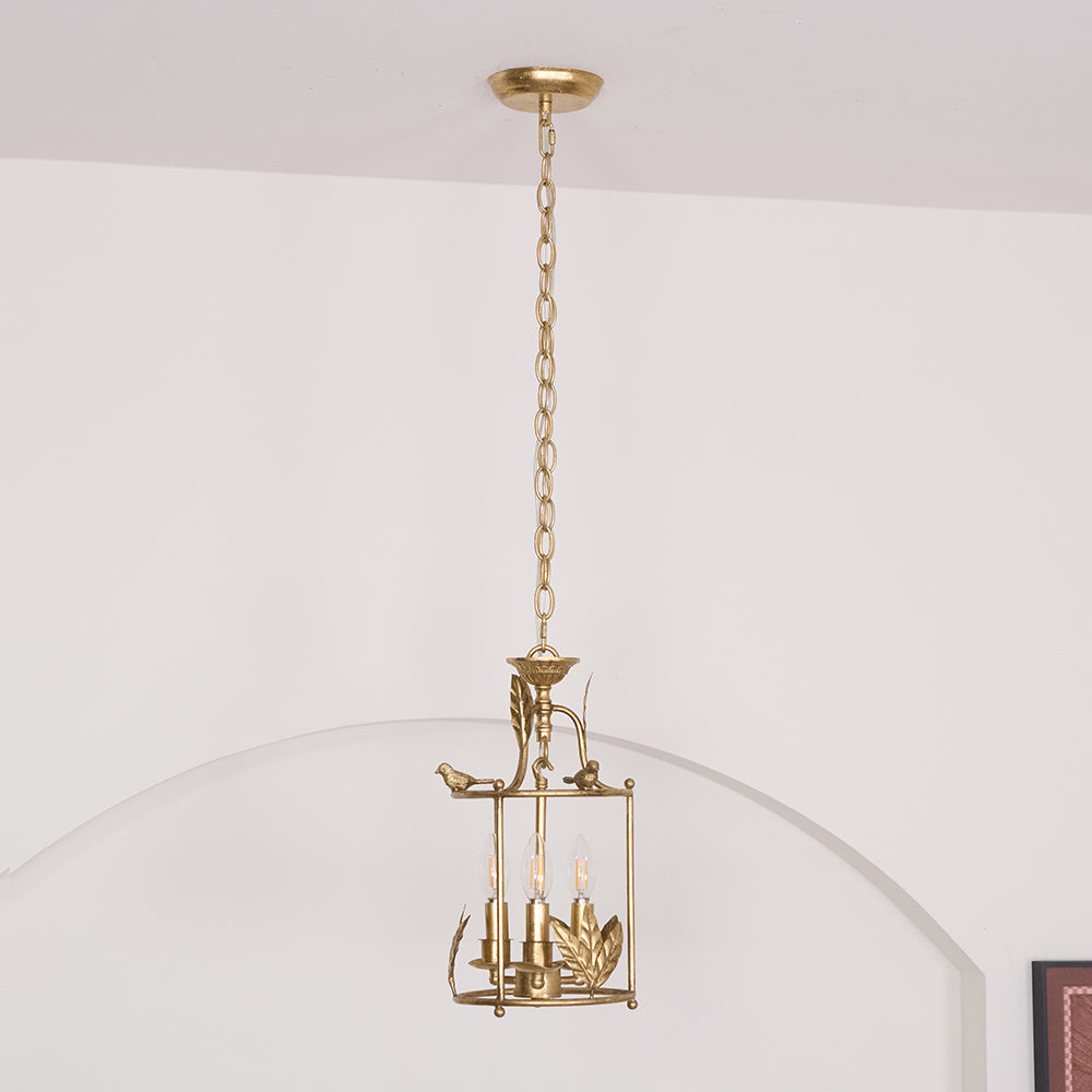 Aviary Series | Iron Lantern Pendant Light with Bird & Leaf Detail for Dining Room