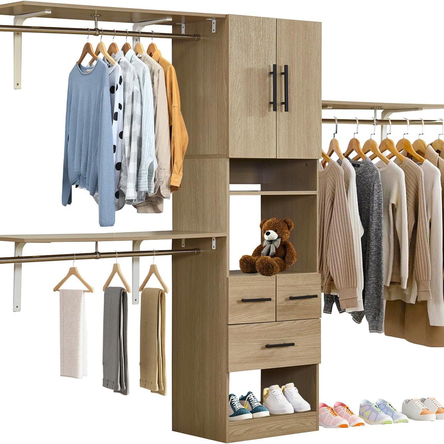 8FT Brown Built-In Closet System with 3 Drawers, 2 Doors, Shelves, Towers & Hanging Rods – Wood Organizer for Bedroom Storage