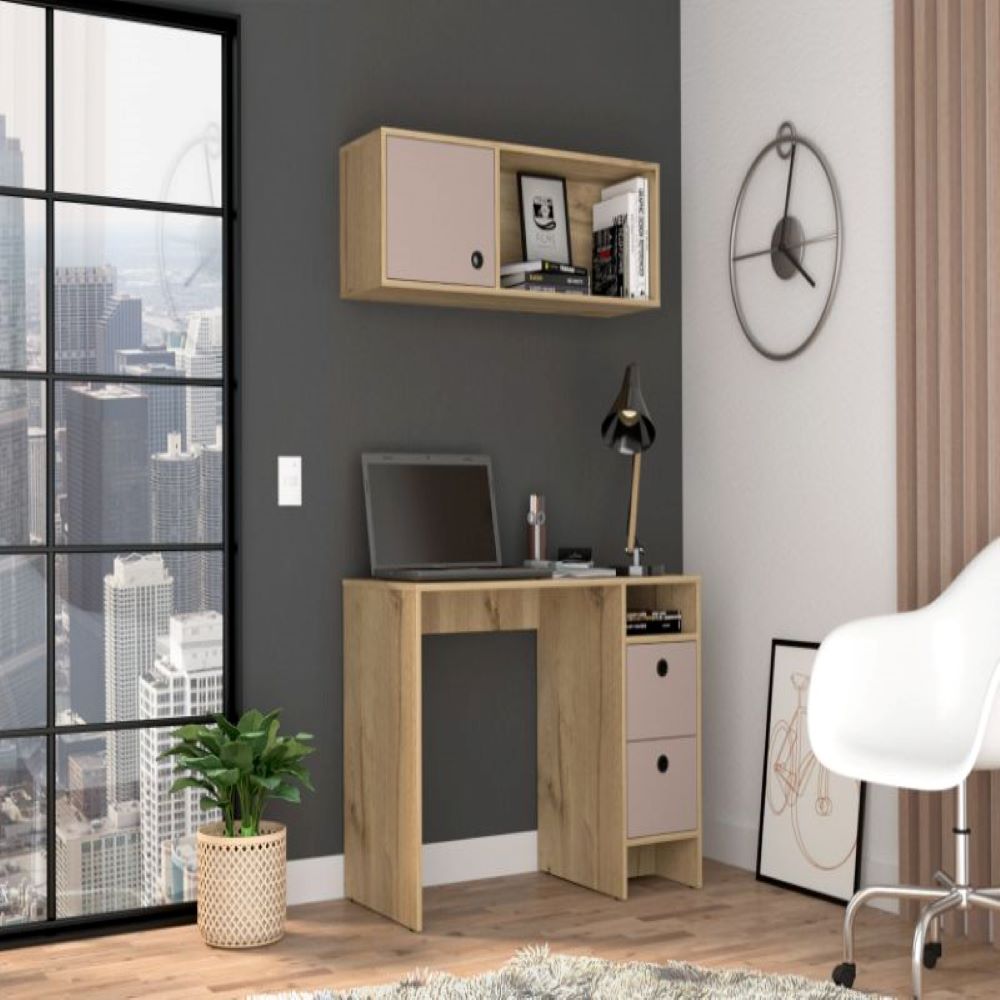 Office Set Budest, Two Drawers, Wall Cabinet, Single Door Cabinet, Light Oak Finish-0