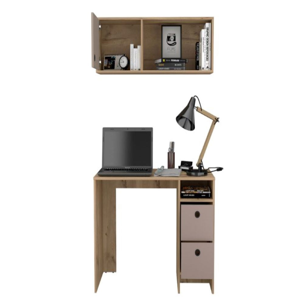 Office Set Budest, Two Drawers, Wall Cabinet, Single Door Cabinet, Light Oak Finish-2